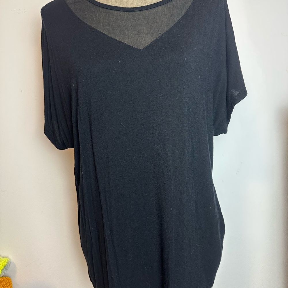 Tahari Black Relaxed Tunic with Mesh V-Neck